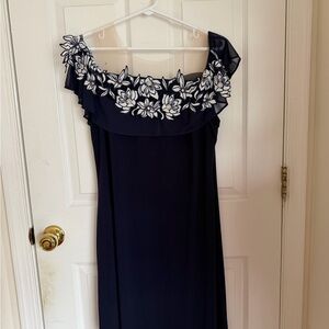 MSK Navy One-Shoulder Dress with White Floral Embroidery